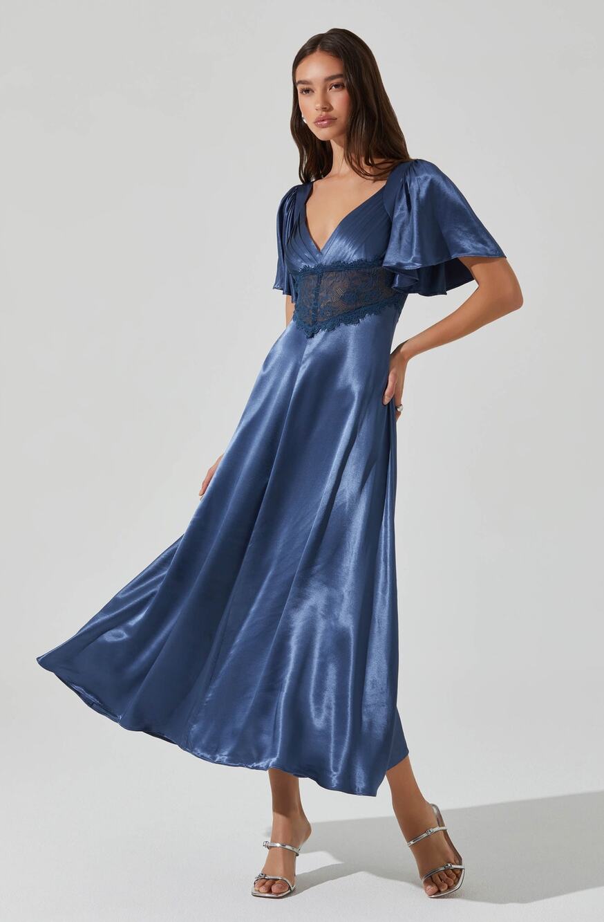 Astr Satin Maxi Dress in Blue with Lace Waist